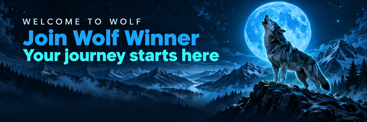 A lone wolf howls from a rocky ridge before a large blue full moon, beside a welcome message and Join Now button.